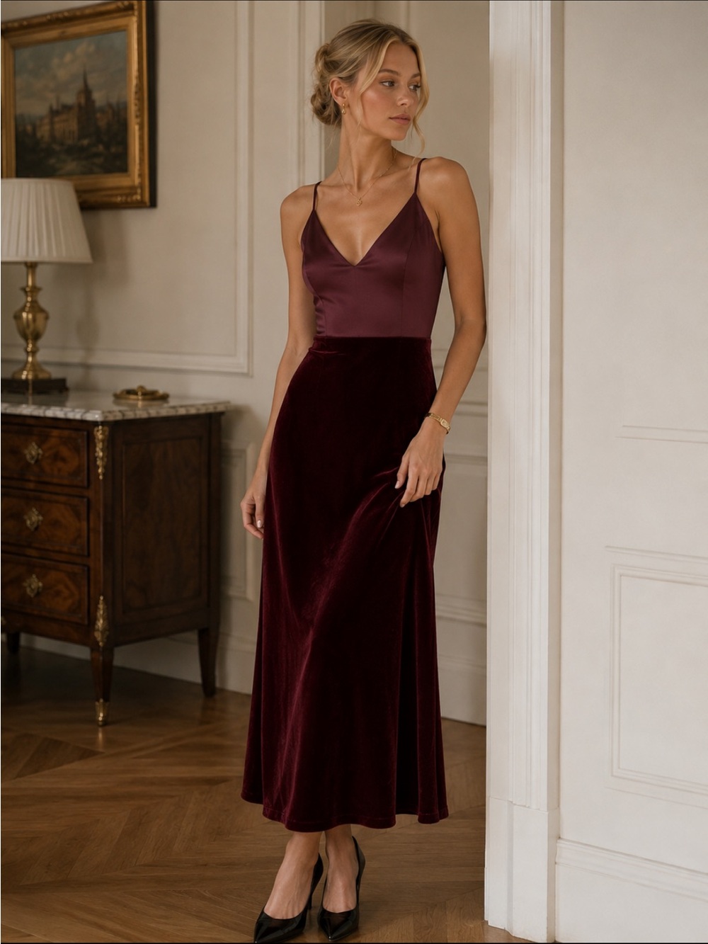 G. Label by Goop Chelsea Satin Velvet Midi Dress in Dark Oxblood 45269
